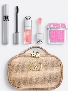 Dior Makeup Set with Pink Blush & Pink Gloss and Gold Straw Cosmetic Case